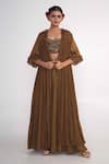 Shop_Merge Design_Brown Blouse Chiffon Pants Georgette Blend Shrug Pleated And Flared Set _Online_at_Aza_Fashions