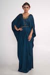 Buy_Merge Design_Blue Modal, Satin Embroidery, Stones V-neck Coin Kaftan With Belt _Online_at_Aza_Fashions