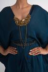 Merge Design_Blue Modal, Satin Embroidery, Stones V-neck Coin Kaftan With Belt _at_Aza_Fashions