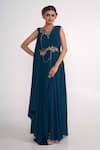 Buy_Merge Design_Blue Georgette Embroidery Zardozi V Neck Draped Gown _Online_at_Aza_Fashions
