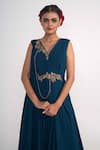 Merge Design_Blue Georgette Embroidery Zardozi V Neck Draped Gown _at_Aza_Fashions