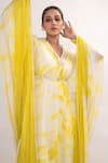 Merge Design_Yellow Chiffon, Crepe Embroidery V-neck Tie Dye Kaftan With Belt _Online_at_Aza_Fashions