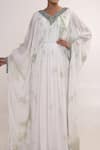 Merge Design_White Georgette, Crepe Sequins, Stones Neckline Embroidered Kaftan With Belt _at_Aza_Fashions