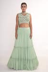 Merge Design_Green Chiffon, Crepe Sequins, Piping V-neck Tiered Lehenga Set _Online_at_Aza_Fashions