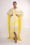 Shop_Merge Design_Yellow Chiffon, Crepe Embroidery V-neck Tie Dye Kaftan With Belt _Online_at_Aza_Fashions