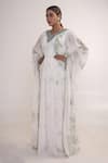 Shop_Merge Design_White Georgette, Crepe Sequins, Stones Neckline Embroidered Kaftan With Belt _Online_at_Aza_Fashions