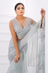 Shop_AMRTA by GUNEET KONDAL_Grey Shell  100% Organza And Chiffon Hand Pre-draped & Pleated Saree With Blouse _Online_at_Aza_Fashions