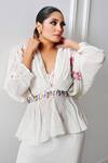 Shop_Amrta By Guneet Kondal_White Viscose Sequins, Pearls V-neck Embroidered Peplum Top And Sharara Set _Online_at_Aza_Fashions