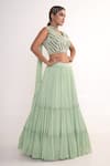 Buy_Merge Design_Green Chiffon, Crepe Sequins, Piping V-neck Tiered Lehenga Set _Online_at_Aza_Fashions