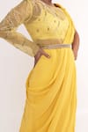 Buy_Merge Design_Yellow Georgette, Net, Crepe Embroidery Boat Neck Solid Pre-draped Saree Set _Online_at_Aza_Fashions