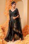 Adi By Aditya Khandelwl_Blue Net, Satin Sequins, Beads V-neck Embroidered Cape And Draped Skirt Set _Online_at_Aza_Fashions