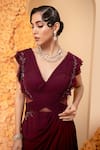 Adi By Aditya Khandelwl_Wine Georgette Embroidery Crystals V Neck Draped Gown _Online_at_Aza_Fashions