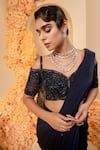 Adi By Aditya Khandelwl_Blue Blouse Net Embroidery Crystals One Shoulder Pre-draped Stitched Saree Set _Online_at_Aza_Fashions