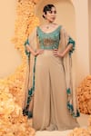 Adi By Aditya Khandelwl_Beige Bodice Silk Embroidery Multi Color Thread Work Wide V Cape And Palazzo Set _Online_at_Aza_Fashions