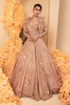 Adi By Aditya Khandelwl_Pink Net, Crepe, Organza Sequins, Beads V-neck Floral Embroidered Gown _Online_at_Aza_Fashions