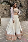 Buy_Priti Sahni_Ivory Silk, Organza, Georgette Pearls, Mirrorwork Floral Jacket Lehenga Set _Online_at_Aza_Fashions