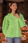 B'Infinite_Green Cotton Notched Chartreuse Ruffle Shirt _at_Aza_Fashions