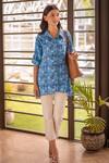 B'Infinite_Blue Rayon Embroidery Floral Vine Pattern Asymmetric Shirt_Online_at_Aza_Fashions
