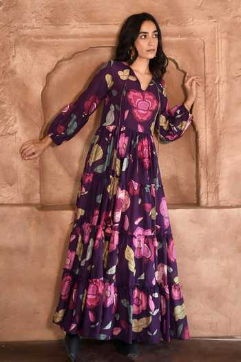 Buy_Taro_Purple Chanderi Silk Split V-neck Floral Print Tiered Dress _Online_at_Aza_Fashions