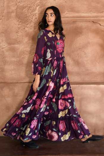 Shop_Taro_Purple Chanderi Silk Split V-neck Floral Print Tiered Dress _Online_at_Aza_Fashions