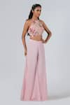 Suruchi Parakh_Pink And Georgette Print & Embroidery Neck Crop Top & Flared Pant Set _Online_at_Aza_Fashions