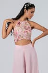 Buy_Suruchi Parakh_Pink And Georgette Print & Embroidery Neck Crop Top & Flared Pant Set _Online_at_Aza_Fashions