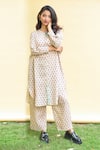 Shop_Pants and Pajamas_Beige Cotton Block Print Floral Pattern Round Kai Shirt Tunic And Pant Set_Online_at_Aza_Fashions