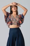 Suruchi Parakh_Blue And Georgette Print & Embroidery Crop Top & Flared Pant Set _Online_at_Aza_Fashions