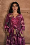 Taro_Wine Chanderi Silk Print Floral Split V Neck Plum Garden Maxi Dress  _at_Aza_Fashions