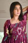 Buy_Taro_Wine Chanderi Silk Square Neck Ruby Berry Floral Print Dress _Online_at_Aza_Fashions