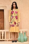 Taro_Yellow Chanderi Silk V-neck Sandalwood Floral Print Dress _Online_at_Aza_Fashions
