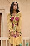 Buy_Taro_Yellow Chanderi Silk V-neck Sandalwood Floral Print Dress _Online_at_Aza_Fashions