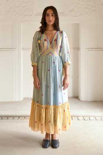 Taro_Blue Chanderi Silk Embroidery V-neck Sunny Sky Printed Dress _Online_at_Aza_Fashions