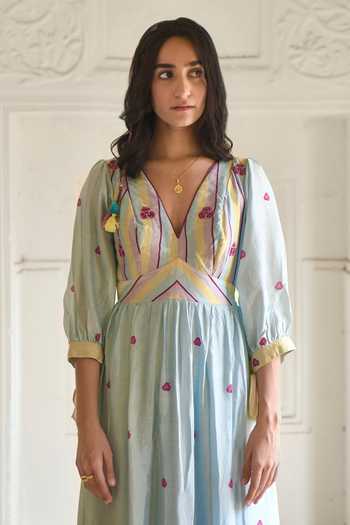 Buy_Taro_Blue Chanderi Silk Embroidery V-neck Sunny Sky Printed Dress _Online_at_Aza_Fashions