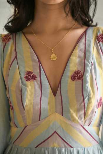 Shop_Taro_Blue Chanderi Silk Embroidery V-neck Sunny Sky Printed Dress _Online_at_Aza_Fashions