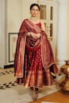 Shop_Safaa_Red Vegan Silk Lining Shantoon Woven Geometric The Sindoori Anarkali Set _Online_at_Aza_Fashions