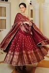 Safaa_Red Vegan Silk Lining Shantoon Woven Geometric The Sindoori Anarkali Set _at_Aza_Fashions