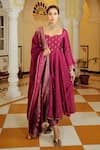 Buy_Safaa_Magenta Vegan Silk Lining Shantoon Woven Polka The Rummana Anarkali Set _Online_at_Aza_Fashions