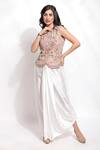 Sonali Gupta_Peach Silk, Viscose Embroidery, Pearls Round Neck Jacket And Draped Skirt Set _Online_at_Aza_Fashions