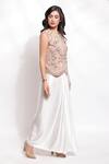 Shop_Sonali Gupta_Peach Silk, Viscose Embroidery, Pearls Round Neck Jacket And Draped Skirt Set _Online_at_Aza_Fashions