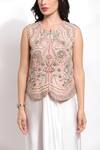 Sonali Gupta_Peach Silk, Viscose Embroidery, Pearls Round Neck Jacket And Draped Skirt Set _at_Aza_Fashions