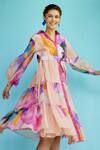 Garima Bindal_Multi Color Cotton Sequins Shawl Neck Bubble Printed Tiered Dress _Online_at_Aza_Fashions