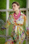 Garima Bindal_Multi Color Crepe Sequins Shawl Neck, Daisy Floral Print Shirt And Pant Set _at_Aza_Fashions