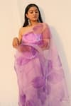 Meghstudio_Purple Saree  Organza Hand Painted Hibiscus Flowers With  _at_Aza_Fashions