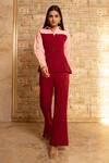 B'Infinite Maroon Crepe Collared Neck Colour Block Shirt And Trouser Set Online at Aza Fashions B'Infinite_Maroon Crepe Collared Neck Colour Block Shirt And Trouser Set_Online_at_Aza_Fashions