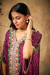 Aditi Somani_Wine Modal Satin Print Bandhani V Neck Tassel Lace Kaftan_Online_at_Aza_Fashions