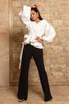 B'Infinite White Crepe V Neck Overlap Top And Trouser Set Online at Aza Fashions B'Infinite_White Crepe V Neck Overlap Top And Trouser Set_Online_at_Aza_Fashions