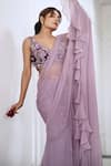 AMRTA by GUNEET KONDAL_Purple Shell  Chiffon Hand Embroidered Pleated And Pre-draped Saree With Blouse _at_Aza_Fashions