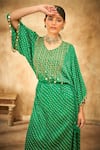 Aditi Somani_Green Modal Satin Beads, Bandhani, Coins V Neck Pattern Tassel Kaftan _Online_at_Aza_Fashions