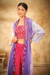 Aditi Somani_Purple Pure Silk And Modal Satin Floral, Bandhani Color Blocked Cape And Pant Set _Online_at_Aza_Fashions